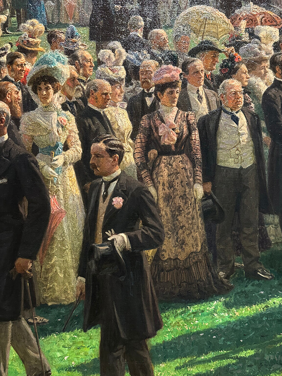Detail of the 1897 garden party painting by Laurits Tuxen showing figures gathered on the palace grounds.