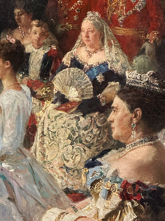 Edwardian Art Buckingham Palace close-up of Queen Victoria and guests in a royal marriage painting by Laurits Tuxen.