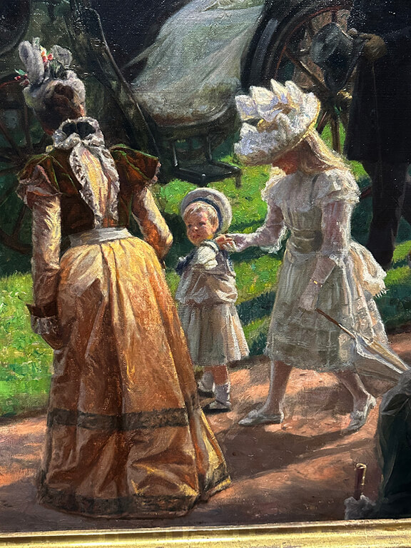 Victorian garden party scene detail showing women’s fashion in a Laurits Tuxen painting.
