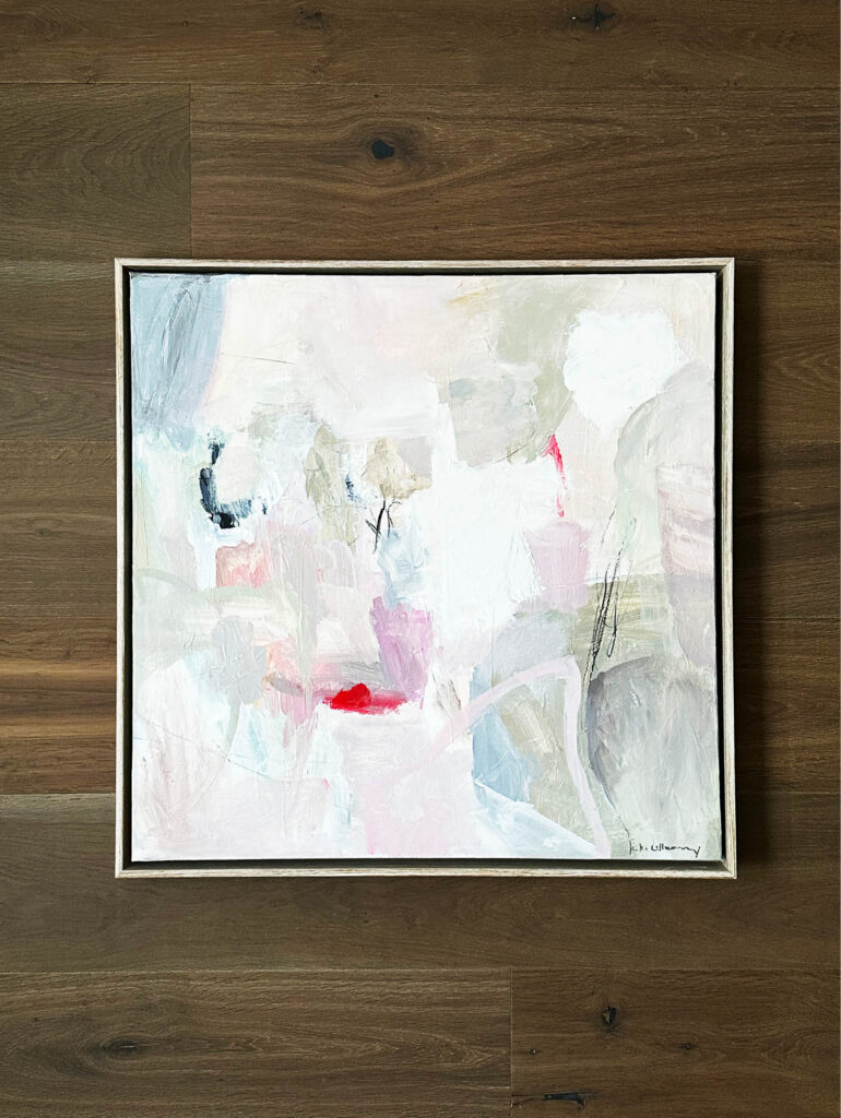 Custom abstract painting by Connecticut artist Katie Re Scheidt on wood accent wall in primary bath, Vermont interior design project. 