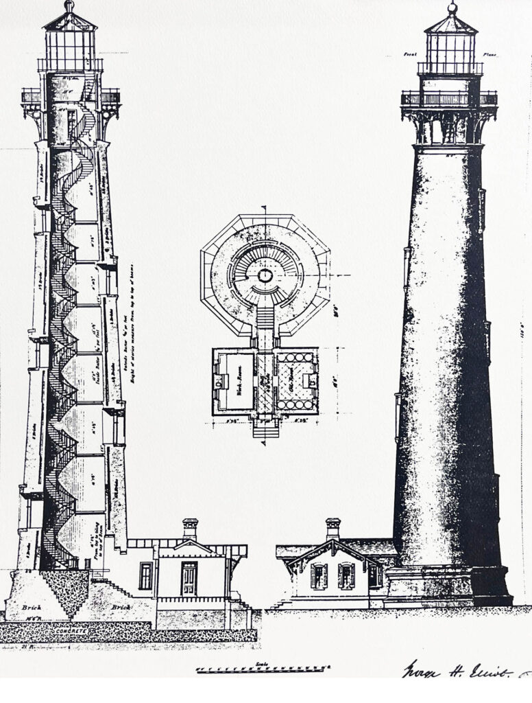 Architectural drawings of the historic lighthouse in St. Augustine, Florida, featuring the tower with multiple flights of stairs leading to the top.