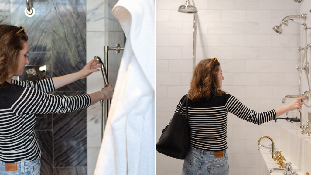 Sarah Scales, Boston interior decorator, at the Waterworks showroom in the Boston Design Center, selecting plumbing fixtures for a kitchen and bath project.