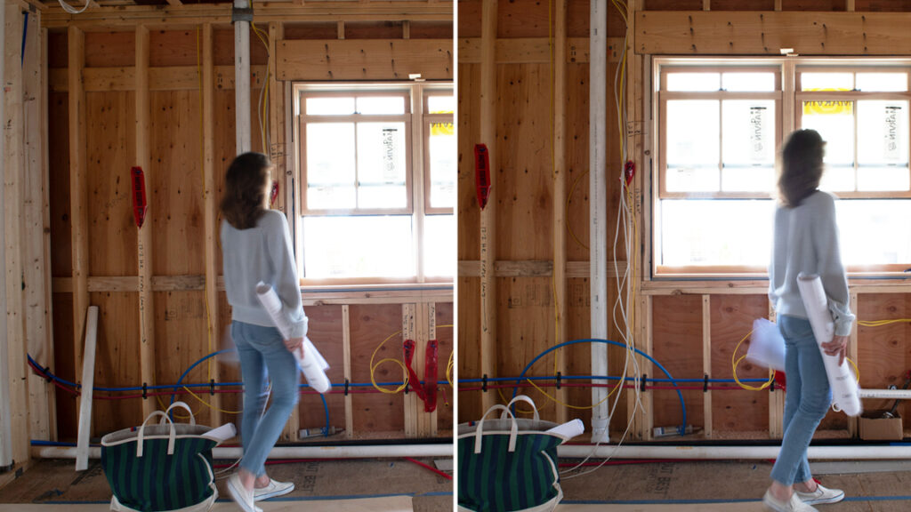 Sarah Scales, Boston interior designer, reviews kitchen layout during construction of a South Shore beach house, overseeing project management during weekly site visits.