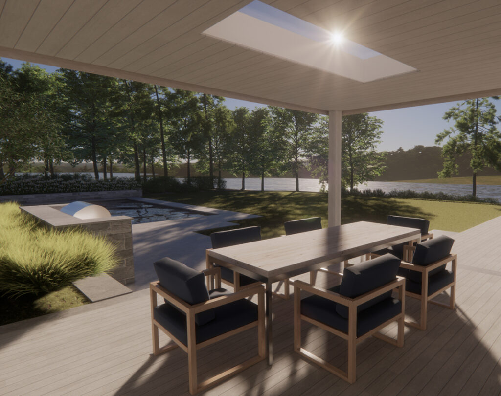 A rendering of a covered porch designed for al fresco dining, overlooking the pool and ocean views at a new Cape Cod home by Polhemus Savery DaSilva, with Boston interior designer Sarah Scales on the project. 