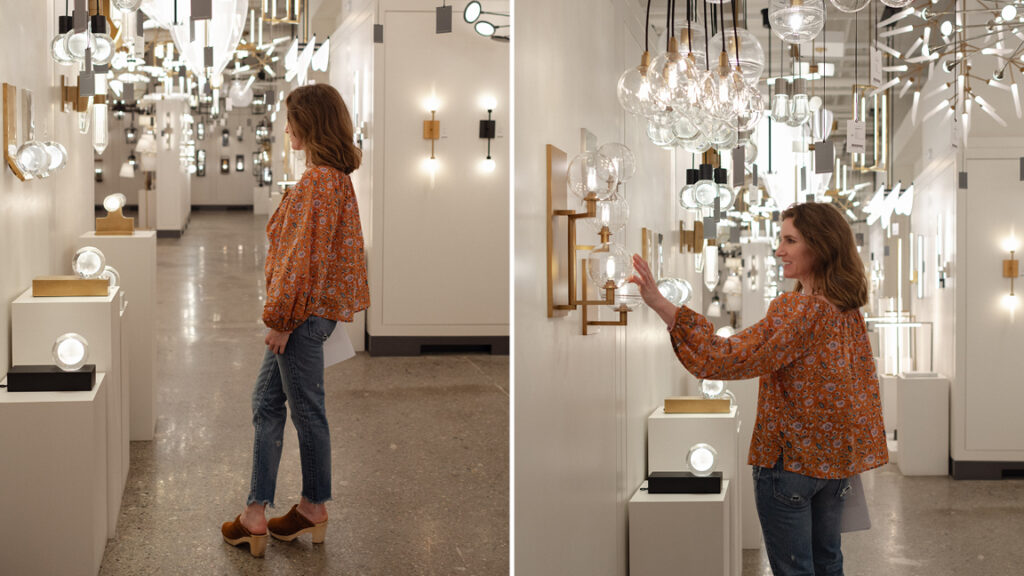 Sarah Scales at Visual Comfort’s lighting showroom in Boston, selecting fixtures for a new construction home design project.