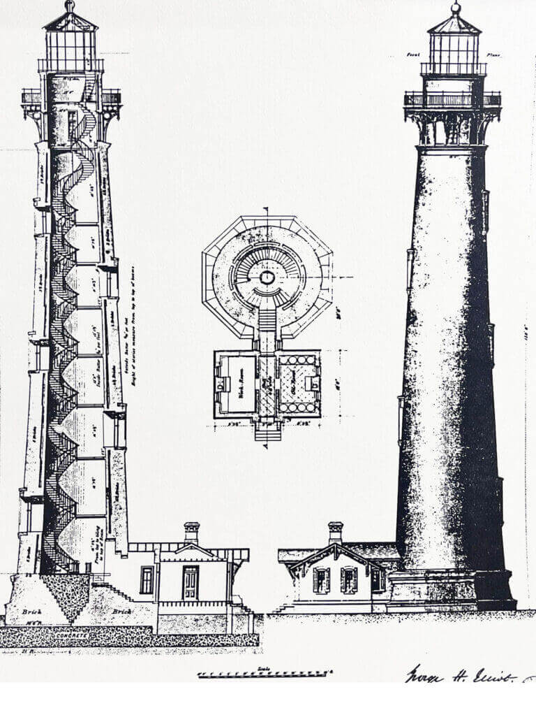 An architectural sketch of a historic lighthouse in St. Augustine, Florida. Travel inspiration for interior design and historic architecture.