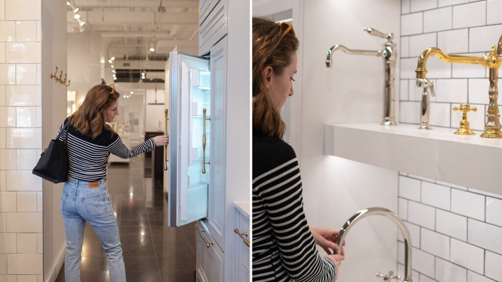 Sarah Scales at a plumbing fixture showroom, selecting fixtures as part of the Interior Design Process for a Boston renovation project.