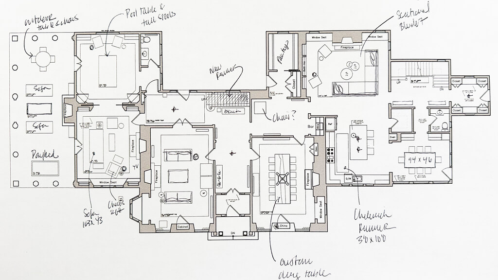 A detailed CAD furniture plan for a large-scale home, showcasing precise layouts by a Milton interior designer for a well-balanced and functional design.