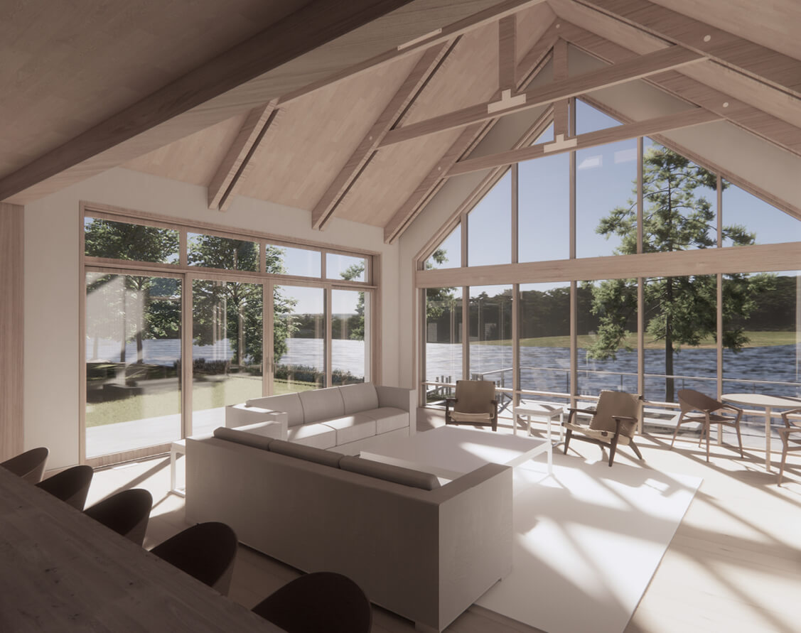 Cape Cod new construction featuring a two-story living room with natural wood ceilings, sliding doors opening to the pool, and a wall of windows framing ocean views.