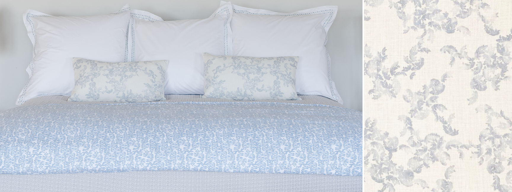 Bedroom by New England fabric designer Ellisha Alexina featuring Novella fabric in Indigofera, with custom textiles for a Martha’s Vineyard interior project.