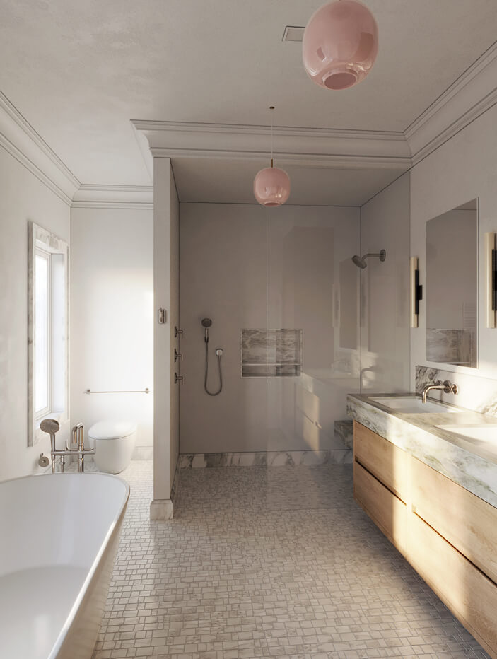 Boston brownstone renovation featuring a glimpse of the primary bathroom design, including a freestanding tub, sleek wall-mounted vanities, mosaic flooring, and soft pink pendant lighting.