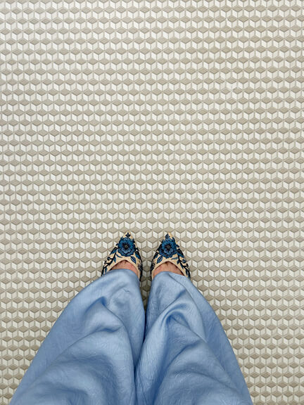 Sarah Flint shoe review featuring navy linen Emma Sling 50 with blue floral embroidery and 50mm heel, styled for creative professionals.