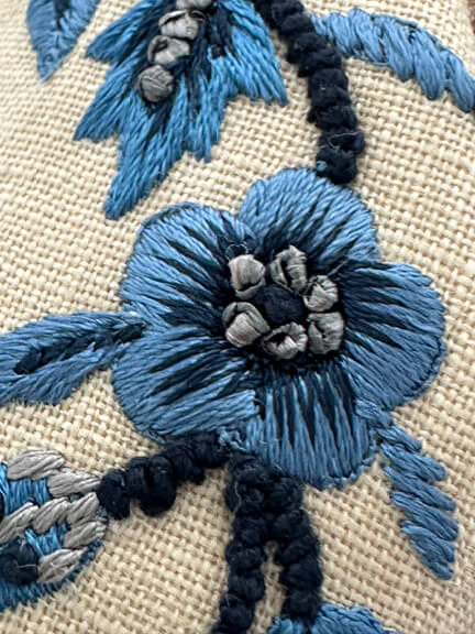 Sarah Flint shoe review close-up showing blue floral embroidery on the limited-edition Emma Pump sandal.
