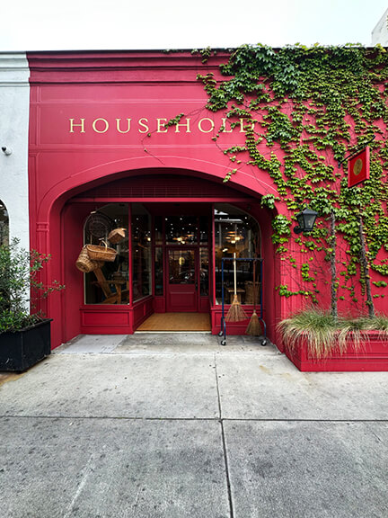 LA interior design showrooms include Nickey Kehoe’s red storefront Household Collection with ceramics bedding and kitchenware