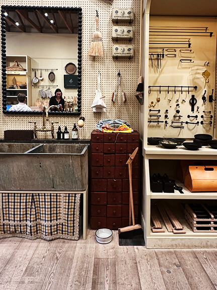 LA interior design showrooms feature vintage soapstone sinks, antique furniture, and custom hardware at Nickey Kehoe