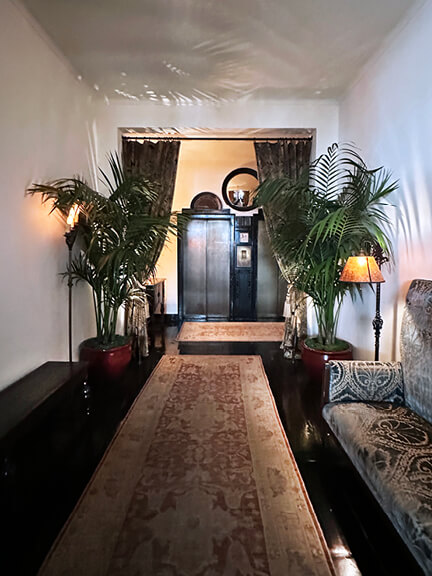 Vintage runner rug and antique furniture, including a damask settee, in the entryway of Chateau Marmont with tall palm trees outside.