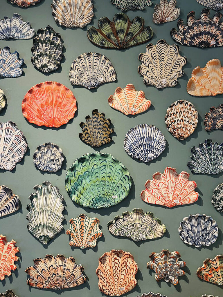 Custom ceramic seashell décor displayed at Harbinger LA showroom, artisanal detail and texture.