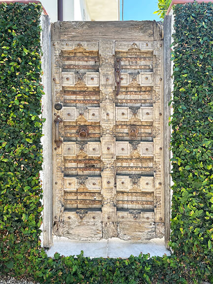 Historic door framed by lush greenery in Los Angeles, leading to a tucked-away backyard—classic California entryway charm.