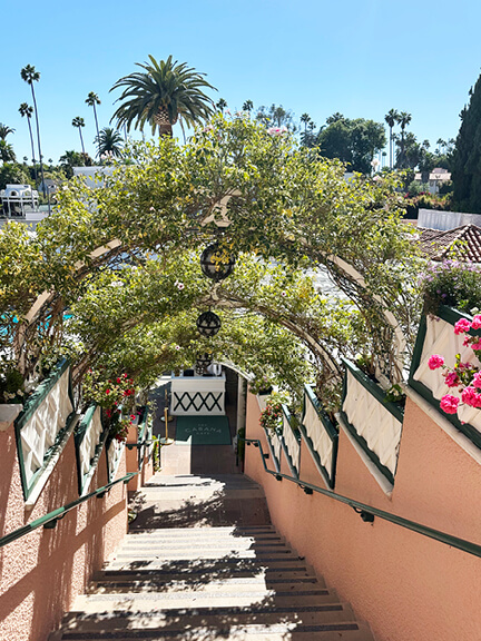 A pink stucco backdrop with trellised greenery and an outdoor bar at the Beverly Hills Hotel—laid-back but polished.